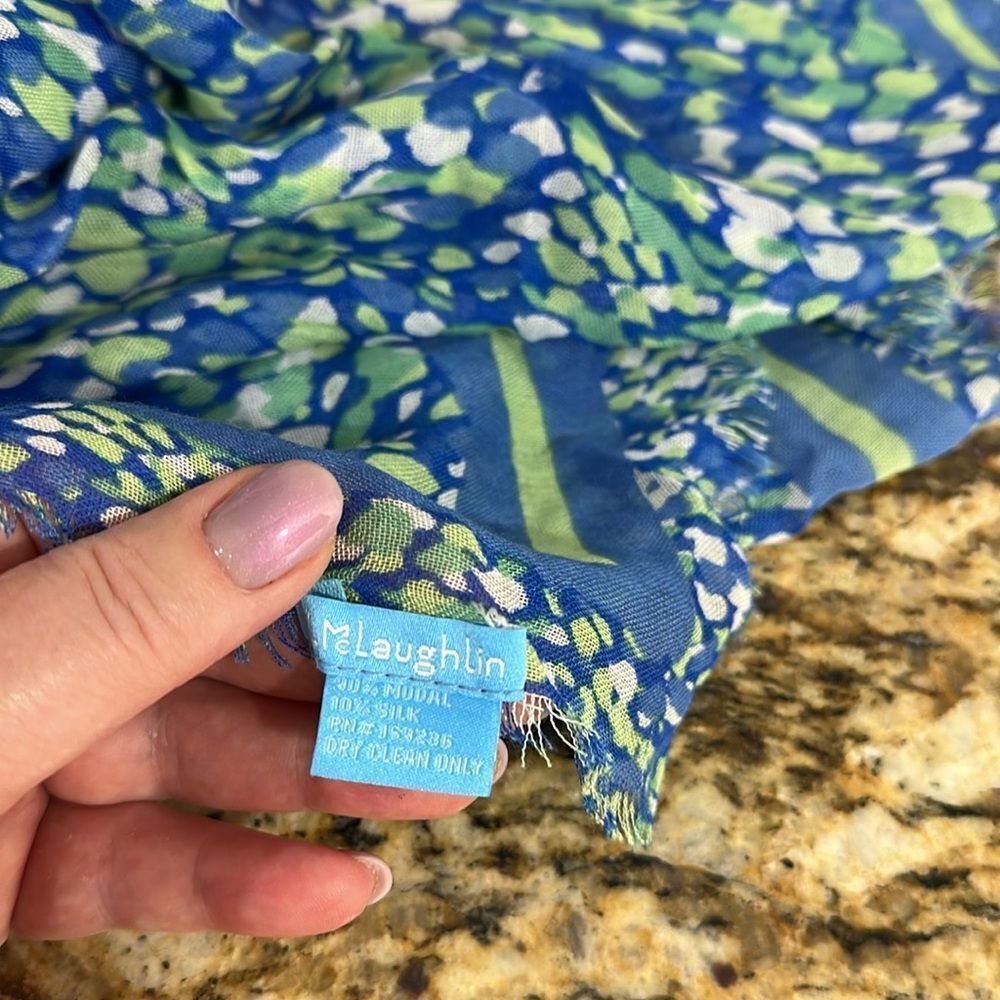 J. McLaughlin Giselle Scarf LaPlage Border White Blue Green Slik Blend 50x50 - Picture 2 of 4